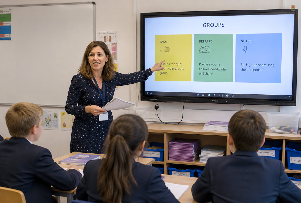 Teacher at the front of class pointing to a whiteboard