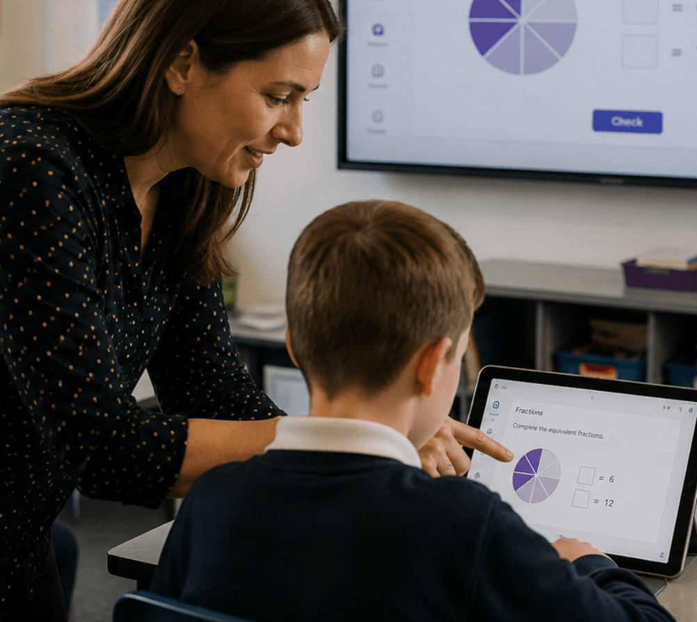 Teacher using an education technology solution with a pupil during a classroom lesson.